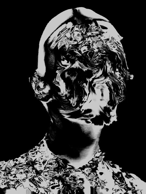 A high-contrast black and white digital illustration of a distorted, melting human face and upper torso, featuring wavy skin, a grotesque expression, and shadowy textures.