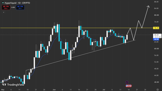 A candlestick chart on TradingView displays the daily price action for the cryptocurrency ticker 'HYPE' on Hyperliquid 1D, showing an upward trend and a projected price arrow breaking resistance.