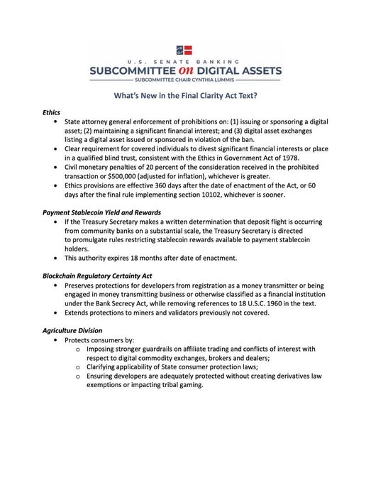 U.S. Senate Banking Subcommittee on Digital Assets document titled 'What's New in the Final Clarity Act Text?' outlining provisions on Ethics, Payment Stablecoin Yield and Rewards, Blockchain Regulatory Certainty Act, and Agriculture Division.