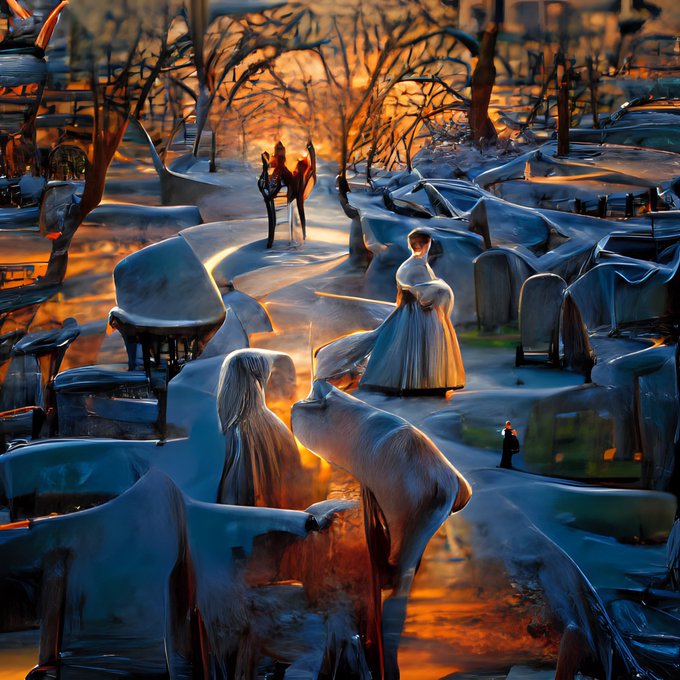 A surreal, dreamlike landscape featuring figures in white dresses walking through a forest with reflective, metallic-looking water and a glowing orange sunset.