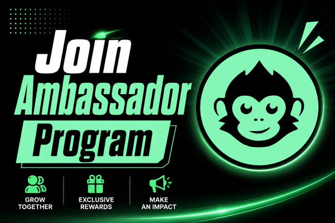 A promotional graphic for a 'Join Ambassador Program' featuring a green monkey logo, with three benefits listed: 'Grow Together,' 'Exclusive Rewards,' and 'Make an Impact.'