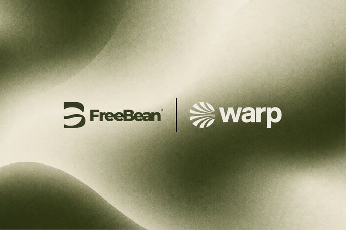 A logo graphic displays 'FreeBean' and 'warp' side by side with a dividing line, set against a flowing olive-green and cream background.