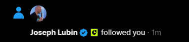 A social media notification showing "Joseph Lubin" with a verified checkmark followed you, with a follower icon.