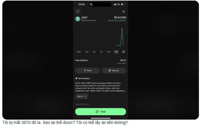 A mobile screenshot of a crypto app displays a USDT balance of $0.1229 on BNB Smart Chain, with Vietnamese text at the bottom asking about a 3670 loss and recovering funds.