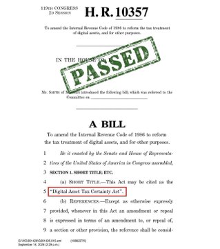 The image shows the first page of H.R. 10357, a bill introduced in the 119th Congress to amend the Internal Revenue Code of 1986 regarding the tax treatment of digital assets, with a "PASSED" stamp overlaid on it. The visible text references the "Digital Asset Tax Certainty Act" as the short title, and the accompanying post claims this crypto tax legislation has cleared the House Ways and Means Committee with a 38-5 vote, heading next to the House floor.