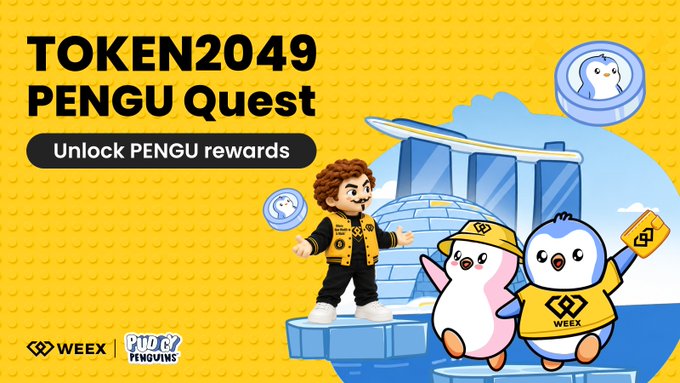 A promotional banner for the "TOKEN2049 PENGU Quest" campaign by Pudgy Penguins ($PENGU) in partnership with WEEX, featuring a Lego-style character and two cartoon penguins holding coins in front of the Marina Bay Sands. The yellow and blue ad advertises an event running from September 17 to October 6, 2026, inviting users to join at weex.com/events/promo/p to unlock PENGU rewards.