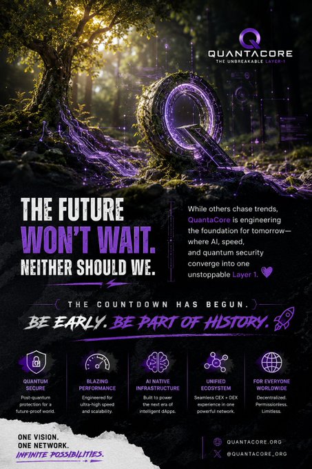 A promotional poster for 'QUANTACORE' featuring the slogan 'THE FUTURE WON'T WAIT. NEITHER SHOULD WE.' and detailing features like 'QUANTUM SECURE,' 'BLAZING PERFORMANCE,' and 'UNIFIED ECOSYSTEM.'