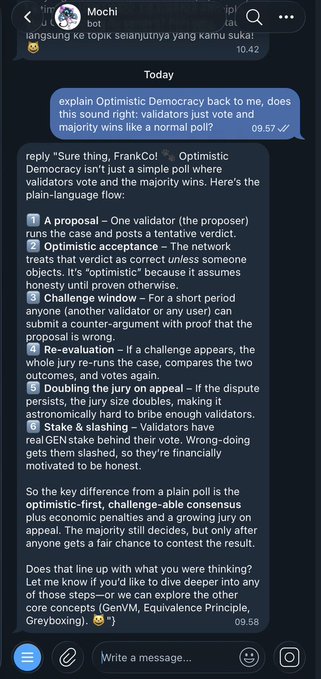 A chat screenshot where a user asks for an explanation of Optimistic Democracy and the bot responds with a plain-language breakdown covering proposals, optimistic acceptance, challenge windows, re-evaluation, jury doubling, and GEN stake slashing.