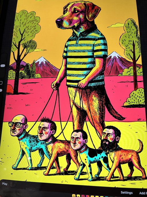 A colorful psychedelic illustration showing a dog in a striped shirt walking four men on leashes like dogs, with "Settings" and "Add P" visible at the bottom of a digital interface.