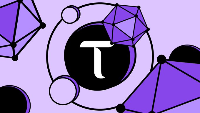 A graphic featuring a Pi Network (Pi cryptocurrency) logo with the Greek letter π in a black circle, surrounded by purple geometric shapes and connected nodes.