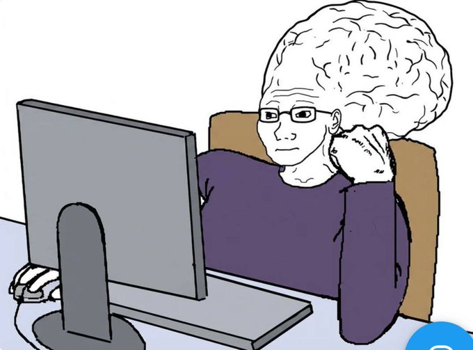 An illustration depicts a person with an exposed, oversized brain wearing glasses and a purple shirt, sitting thoughtfully at a gray computer monitor.