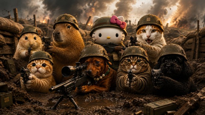 A humorous AI-generated or edited image showing various cats, a dog, and Hello Kitty dressed as soldiers in WWI-style helmets and uniforms, holding weapons in a muddy battlefield with explosions in the background.