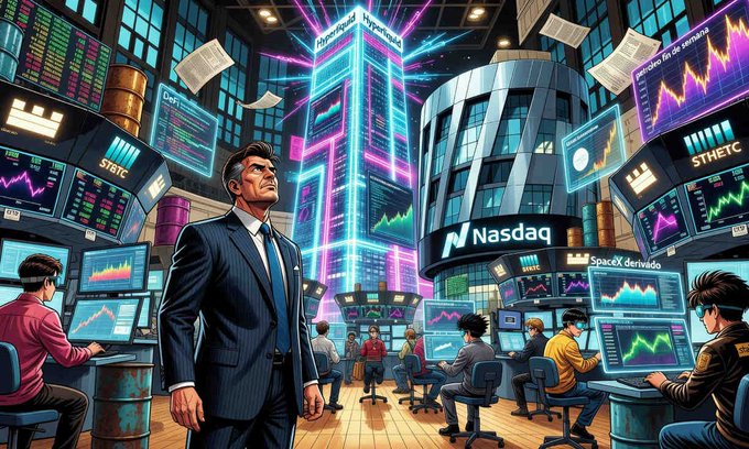 The image features a busy market scene filled with people looking at stock charts and computer screens. At least ten people are visible throughout the market, some of them working as stockbrokers or traders. They all appear focused on the computer screens displaying various graphs and information related to the stock market. The focus of this lively scene is on the person in a suit standing amidst the crowd, who seems to be commanding attention with their presence. This artistically depicts a bustling business center or marketplace, possibly highlighting the connection between the man in the suit and the financial world he operates within.