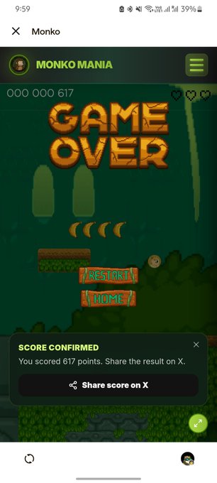Mobile game 'Monko Mania' showing a 'Game Over' screen with a score of 617 points and an option to share the result on X.
