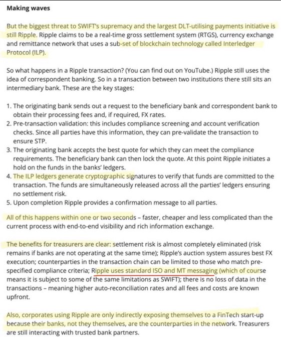 Highlighted excerpt titled 'Making waves' discussing Ripple's technology, which is the biggest threat to SWIFT's supremacy. It explains Ripple's Real-Time Gross Settlement System (RTGS) and Interledger Protocol (ILP) used in transactions.