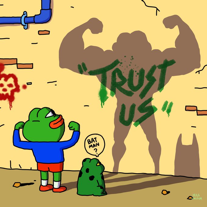 A small green frog character in a blue shirt flexes alongside a spotted frog asking "BAT MAN?" while a giant muscular silhouette looms in the background displaying the graffiti-style text "TRUST US" in green spray paint. The image humorously illustrates the @TrustUsNFT post's promise of an "EPIC revelation" by depicting a tiny figure facing an overwhelmingly powerful, hype-driven "trust" entity.