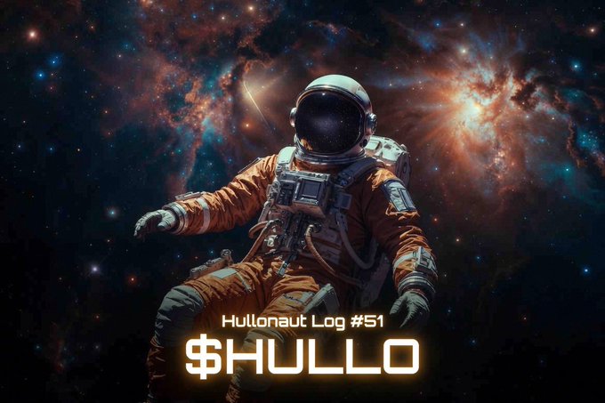 A digital artwork featuring an astronaut floating in space against a colorful nebula background, with the text 'Hullonaut Log #51' and the '$HULLO' token logo.