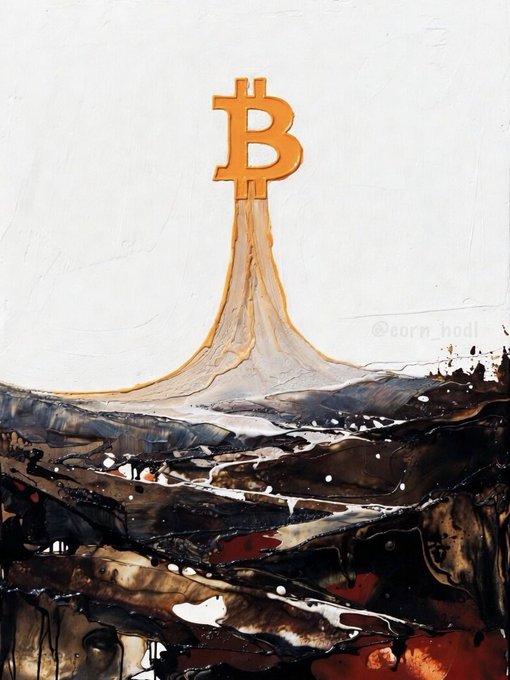 An artistic painting of a Bitcoin 'B' logo standing like a monument on a barren landscape, with thick paint textures in dark earthy tones.