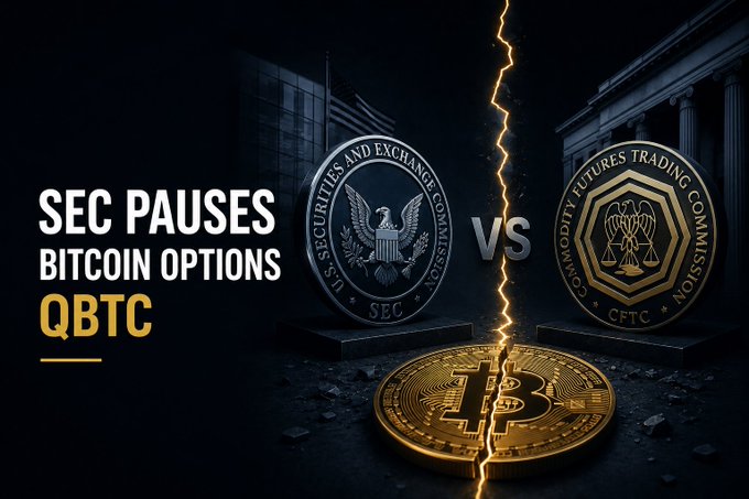 A news-style graphic depicting a crack through a Bitcoin coin separating the SEC and CFTC emblems, with the headline 'SEC PAUSES BITCOIN OPTIONS QBTC'.