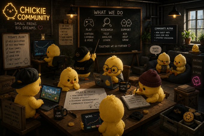 A cozy, dimly lit workspace filled with small yellow chick figurines gathered around a table with laptops and mugs, while a chalkboard in the background outlines their community activities ("Play, Research, Support," and games like "Kintara, Cambria & More"). The image visually brings to life the caption's theme of a humble "Chickie Community" where little mascots collaborate on tasks, share "Ideas & Tests," and support each other in exploring crypto games together.