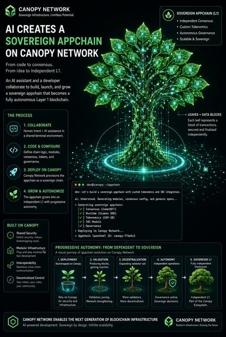 Marketing infographic from Canopy Network announcing 'AI Creates A Sovereign Appchain on Canopy Network,' detailing the process from collaboration to autonomous Layer 1 blockchain deployment.