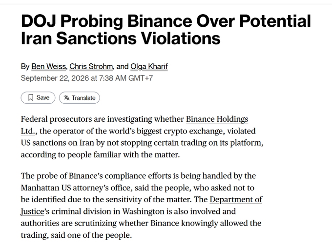 A news article headlined 'DOJ Probing Binance Over Potential Iran Sanctions Violations' by Ben Weiss, Chris Strohm, and Olga Kharif, dated September 22, 2026, discussing federal prosecutors investigating Binance Holdings Ltd. for possible US sanctions violations.
