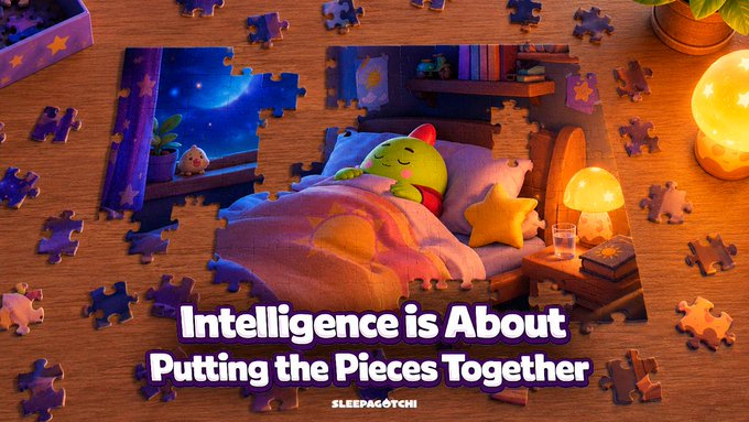 A colorful puzzle-piece image shows a green character sleeping in bed with the caption "Intelligence is About Putting the Pieces Together" and "SLEEPAGOTCHI" branding.