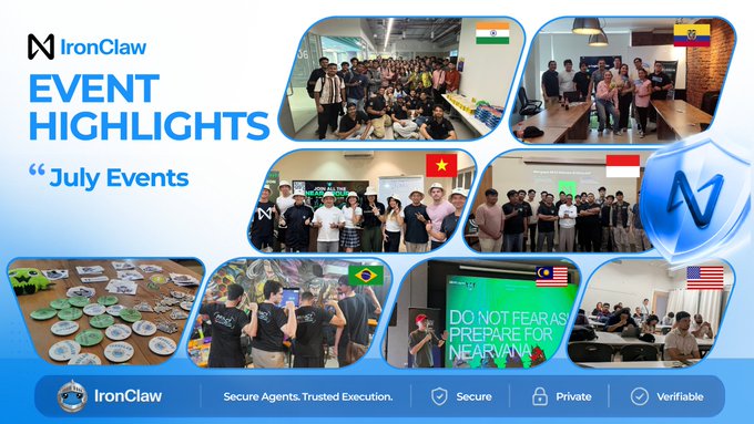 The image is a promotional collage titled "IronClaw EVENT HIGHLIGHTS – July Events," showcasing group photos from meetups across multiple countries including India, Ecuador, Vietnam, Indonesia, Brazil, Malaysia, and the USA, each labeled with their respective flags. It reinforces the accompanying post by visually highlighting IronClaw's global community reach and its tagline "Secure Agents. Trusted Execution."