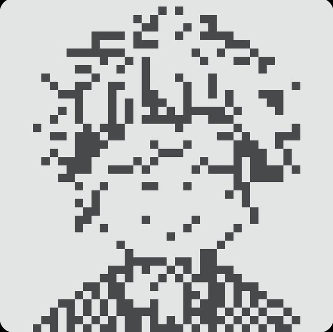 A pixelated, abstract portrait composed of black and gray squares on a light background, depicting a human face and shoulders.