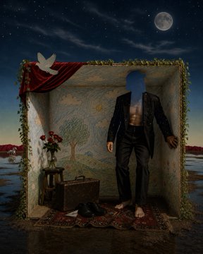 A surreal, painterly artwork depicting a headless figure in a black suit standing inside a stage-like diorama with patterned walls, a dove, flowers, and a moonlit sky background.