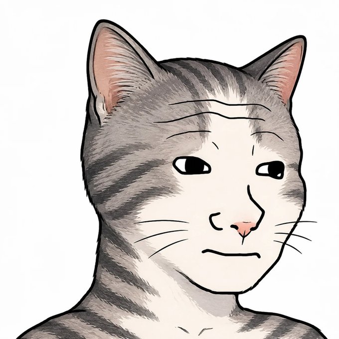 A cartoon-style illustration of a grey and white striped tabby cat with a subtle, smug expression, fitting the post's theme of a sleepy, indifferent cat accidentally launching the meme coin $CATJAK before going back to sleep.