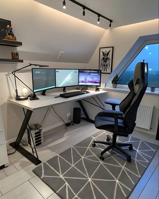 A modern, minimalist home office setup features a white L-shaped desk holding dual monitors, a black ergonomic chair, a geometric gray patterned rug, and a slanted window offering a twilight view.