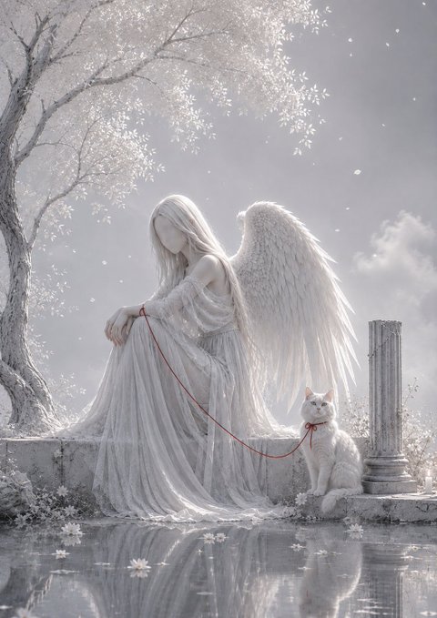 A fantasy artwork depicting a white-haired angel with large wings sitting on a stone ledge next to a white cat on a red leash, surrounded by white flowers and trees.