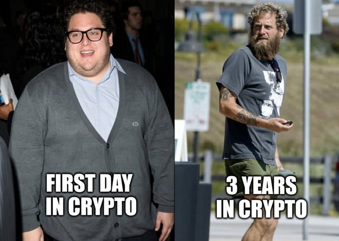 A before-and-after meme showing Jonah Hill, captioned 'FIRST DAY IN CRYPTO' looking heavier on the left, and a slimmer, bearded version captioned '3 YEARS IN CRYPTO' on the right.