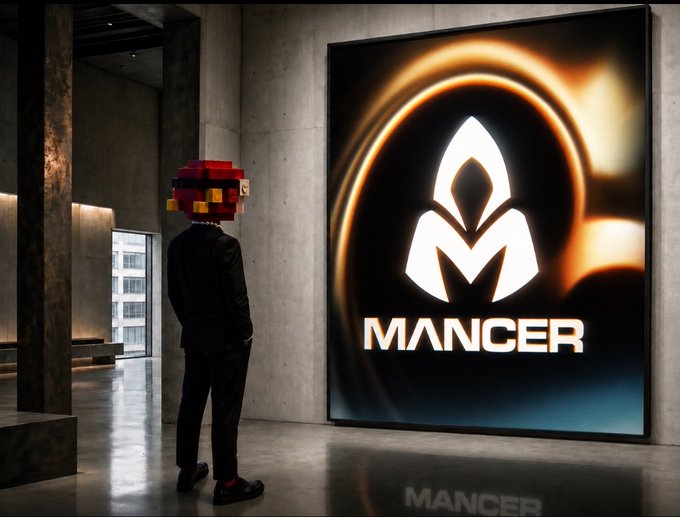 3D rendered image of a person in a black suit with a pixelated blocky head wearing a red Minecraft-style helmet, standing in front of a large illuminated 'MANCER' logo display.