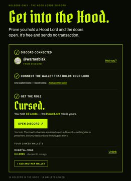 Hood Lord discord login page with green Gothic font saying 'Get into the Hood,' showing Discord connected status for user 'warnerblak' and a 'Cursed' role section with an 'OPEN DISCORD' button.