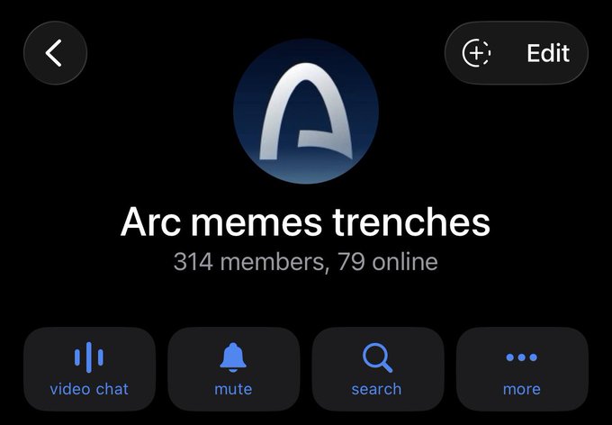 A dark-themed group chat interface for 'Arc memes trenches' showing 314 members with 79 online, featuring video chat, mute, search, and more options at the bottom.