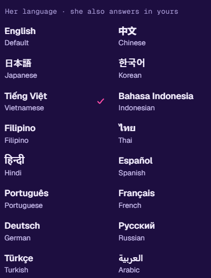 8. A multilingual menu showing language options including English, Chinese (中文), Japanese (日本語), Korean (한국어), Vietnamese (Tiếng Việt, currently selected), Indonesian, Filipino, Thai, Hindi, Spanish, Portuguese, French, German, Russian, Turkish, and Arabic.
