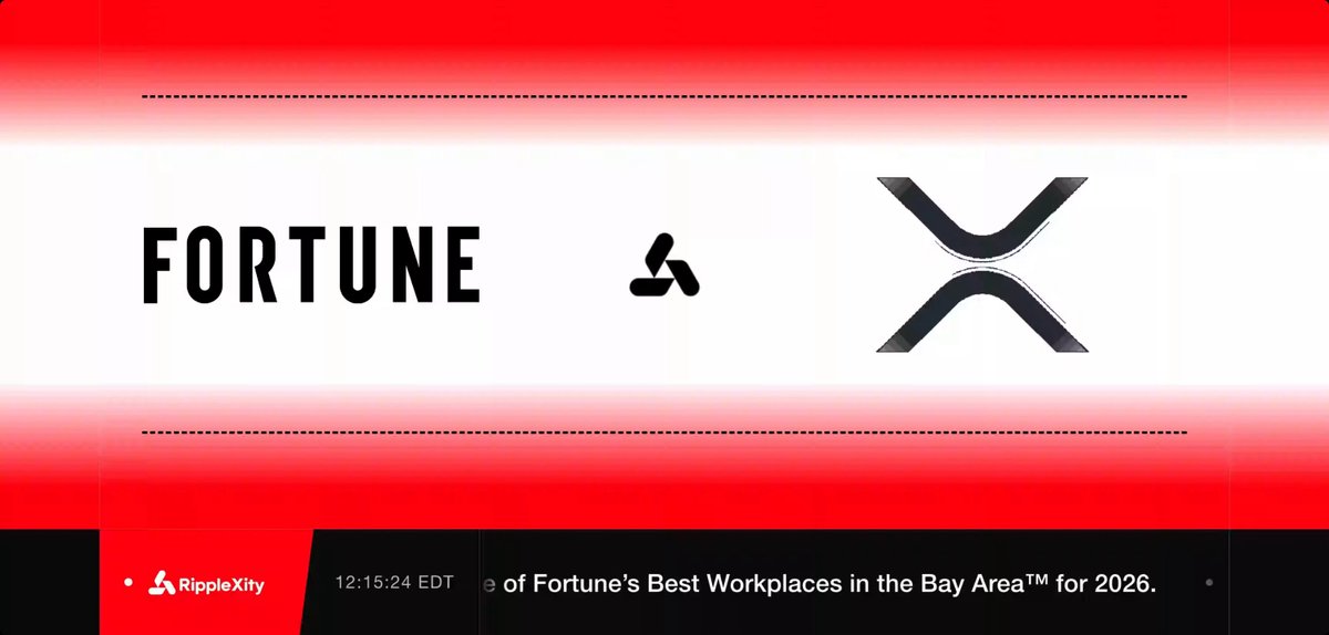 The image features a red and white banner with the words "Fortune" and "X" written on it, along with some text that reads "Just In: #Ripple named one of Fortune's Best Workplaces in the Bay Area". The banner is displayed against a gray background, which highlights its colors. The post appears to be promoting Ripple, an online currency exchange platform, as one of the best places to work and live in the Bay Area for the year 2026.