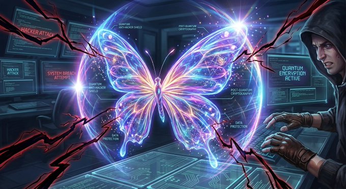 A digital artwork depicts a hooded hacker facing a glowing butterfly made of light, surrounded by screens displaying 'Quantum Encryption,' 'System Breach Attempt,' and 'Data Protection.'