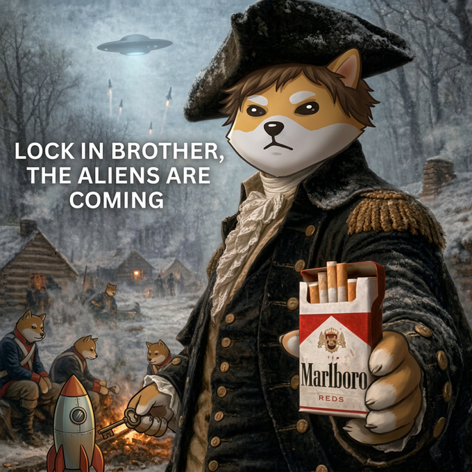 An anthropomorphic Shiba Inu dressed in a Revolutionary War-era uniform holds a pack of Marlboro Reds and a musket in a snowy encampment, with UFOs firing beams in the background. The text reads "LOCK IN BROTHER, THE ALIENS ARE COMING," humorously tying to the $ELON post by suggesting it's time to "lock in" amid chaotic, otherworldly events.
