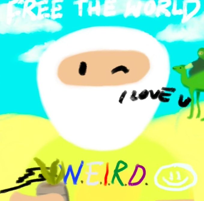 Whimsical digital art with 'FREE THE WORLD' text, a white blob character winking with 'I LOVE U' text, 'S.W.E.I.R.D.' logo, and a small figure riding a camel.