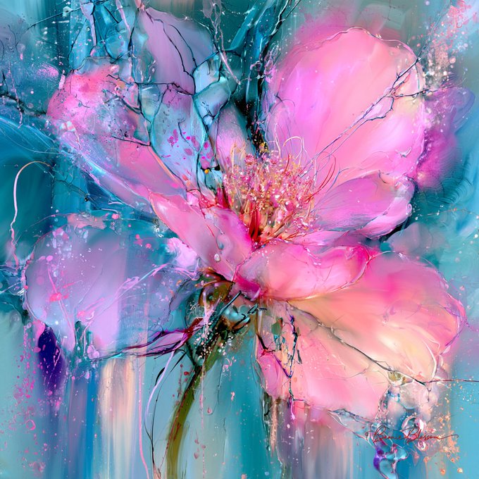 A vibrant digital painting of a pink flower with glowing stamens against a teal and purple background with watercolor splashes.