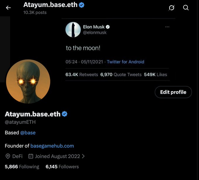 A dark-mode X profile for “Atayum.base.eth” (@atayumETH) is open, showing a pinned Elon Musk post that says “to the moon!” and profile text including “Based @base” and “Founder of basegamehub.com.”