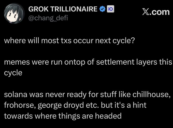 A screenshot of an X.com post by 'GROK TRILLIONAIRE' (@chang_defi) predicting that future transactions will move on top of settlement layers, citing projects like chillhouse, frohorse, and george droyd on Solana.
