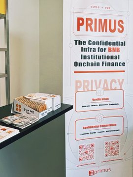 A banner for 'PRIMUS' advertising 'The Confidential Infra for BNB Institutional Onchain Finance' with sections on Privacy (Verification) and Confidential Computation, displayed next to product boxes.