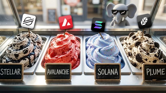 A display case of soft-serve ice cream in various flavors, each topped with a small flag and a name tag for a different cryptocurrency: Stellar (cookies and cream), Avalanche (strawberry), Solana (blue), and Plume (cookies and cream), with a small elephant wearing sunglasses visible in the background.
