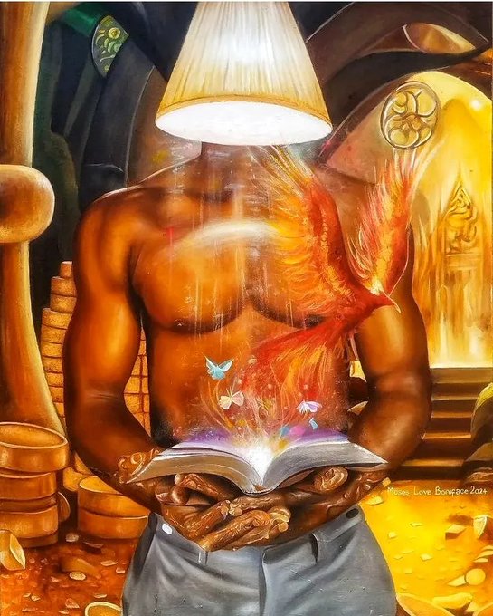 A surreal oil painting titled "The Alchemist" (signed "Metro Love Bransbae 2024") depicts a muscular figure with a lampshade for a head holding an open glowing book, from which a fiery phoenix emerges amid butterflies, symbolizing the transformative alchemy of inner change as described in the post. The artwork is available at TransientLabs for 0.21E.