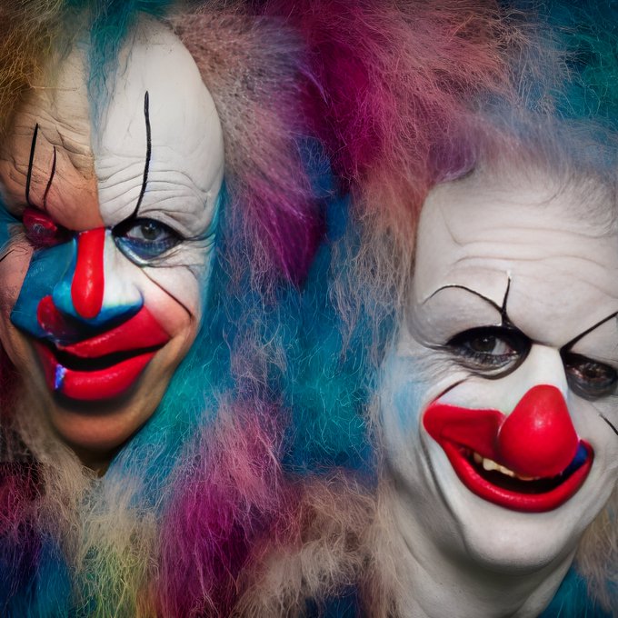 Two menacing clowns with elaborate face paint and wild multicolored hair appear side by side in this striking digital artwork. The hyper-realistic detail of their painted features—bold red lips, white bases, and dramatic black accents—exemplifies the "Illusion" piece by LuisBetx9, generated through Deforum Stable Diffusion, blurring the line between AI-crafted imagery and convincing theatrical makeup artistry.