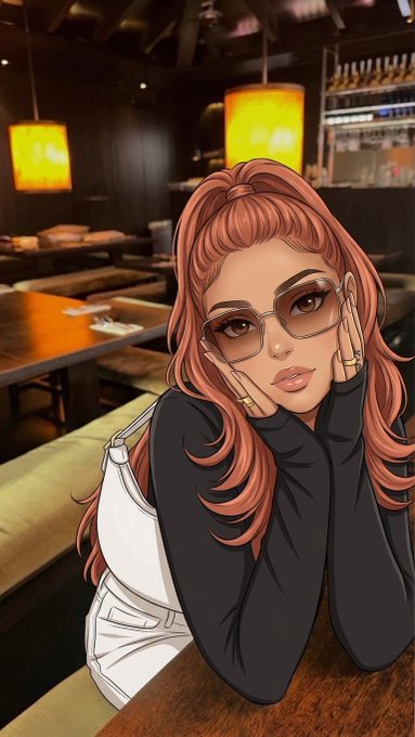 A stylized illustration of a redheaded woman wearing sunglasses and a black long-sleeve top, posing with her hands on her face in a restaurant setting.